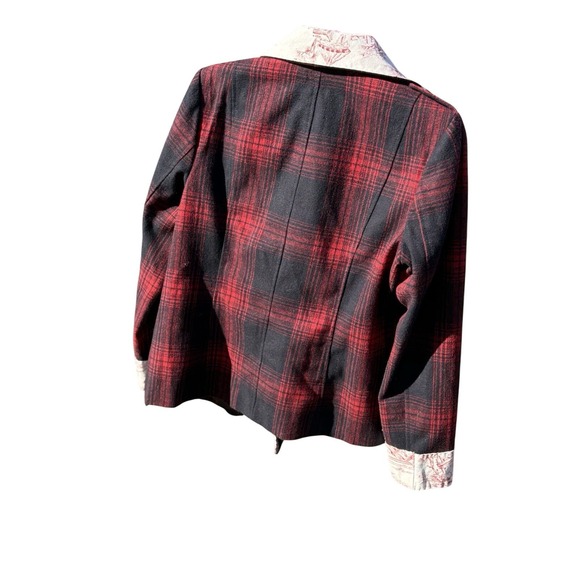 Vintage Wool Blend Plaid Pea Coat Sz Medium Double Breasted Red Black Upcycled - Picture 7 of 14